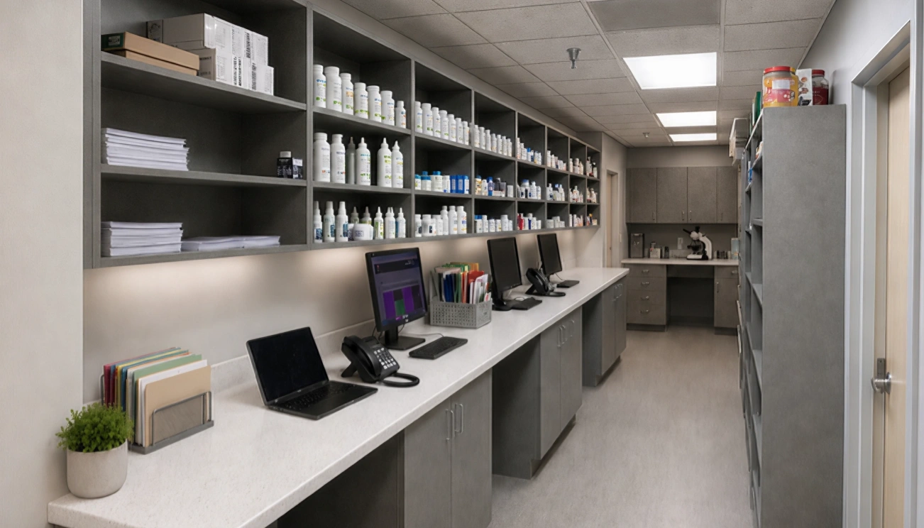Interior view of a veterinary clinic's pharmacy and lab area with shelves of medications and workstations