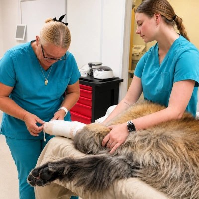 Two veterinary staff members preparing a long-haired cat for surgery, one placing an IV catheter