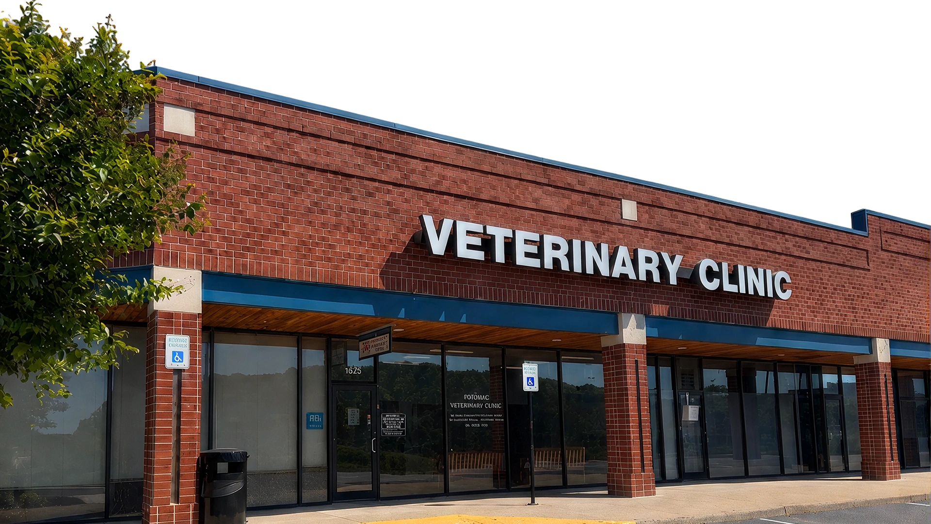 Exterior of a brick veterinary clinic storefront with "Veterinary Clinic" signage