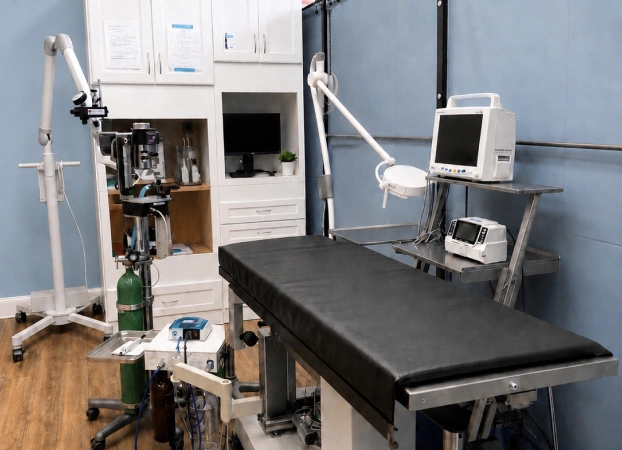 Veterinary dental suite with an exam table, monitors, dental equipment, and anesthesia machine