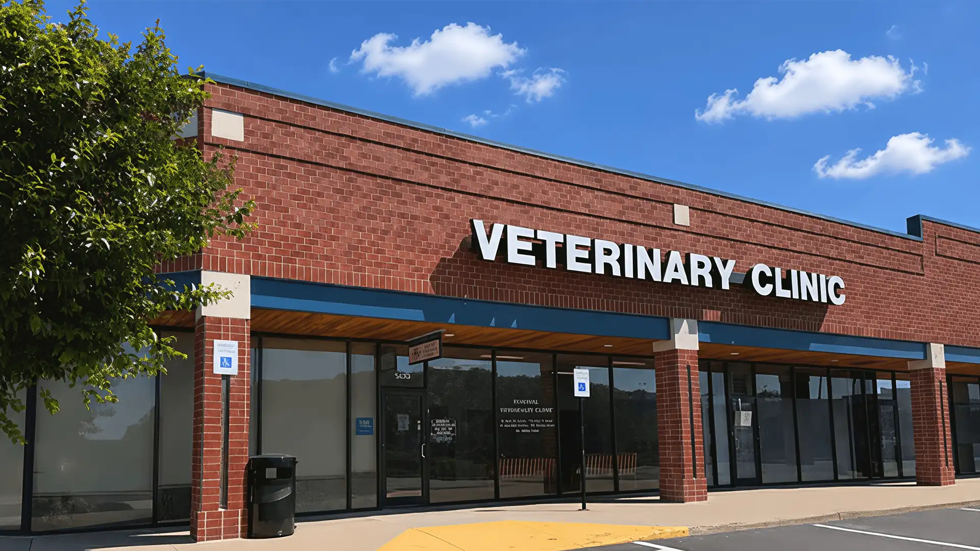 Exterior of a brick veterinary clinic storefront with "Veterinary Clinic" signage