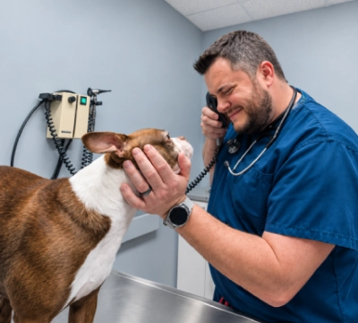 Veterinary staff member checking a dog's ear with an otoscope during an exam